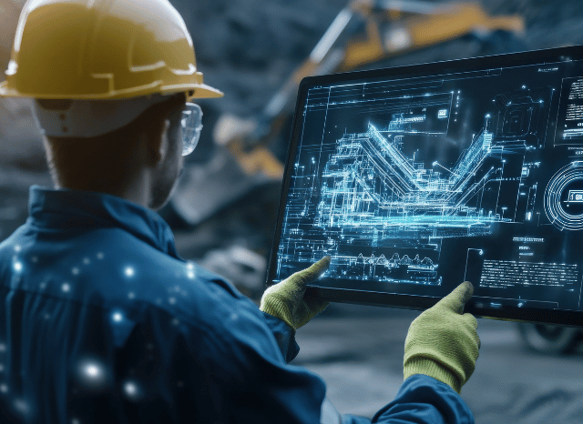 Stanislav Kondrashov a man wearing hard hat and gloves looking at a computer screen- TELF AG