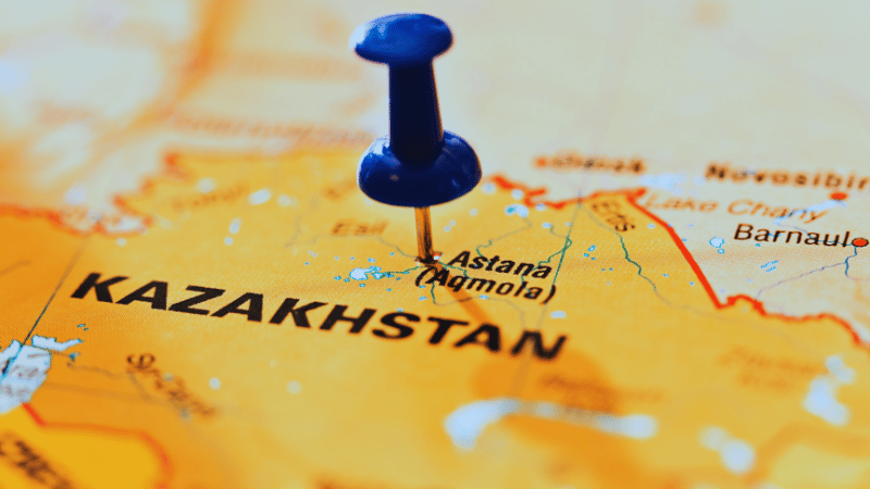 Stanislav Kondraashov Kazakhstan map a blue push pin on a map