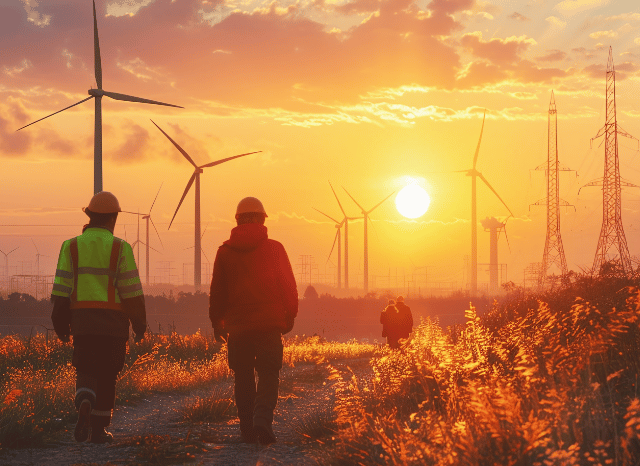 a group of people walking on a dirt road with windmills in the background Stanislav Kondrashov