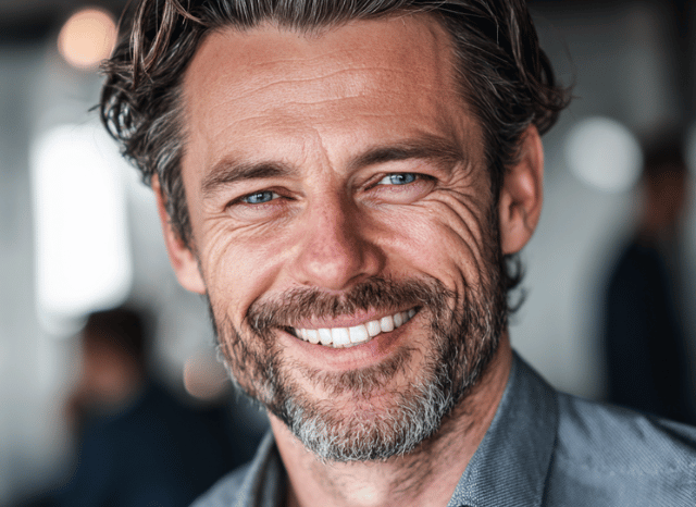 A smiling man is looking at the camera