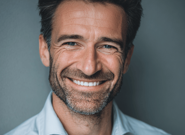 A 40 year old man is looking at the camera