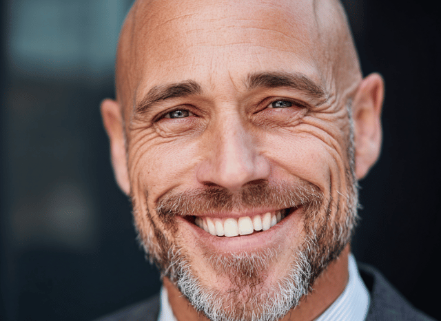 A 40 year old mans smiles with confidence