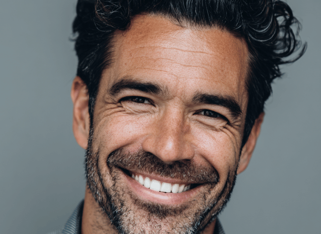 A 40 year old smiling man is looking at the camera