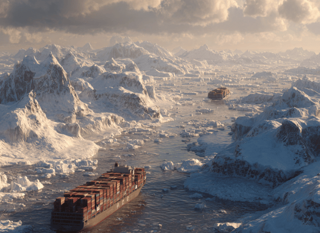 Ships navigating icy waters near Greenland