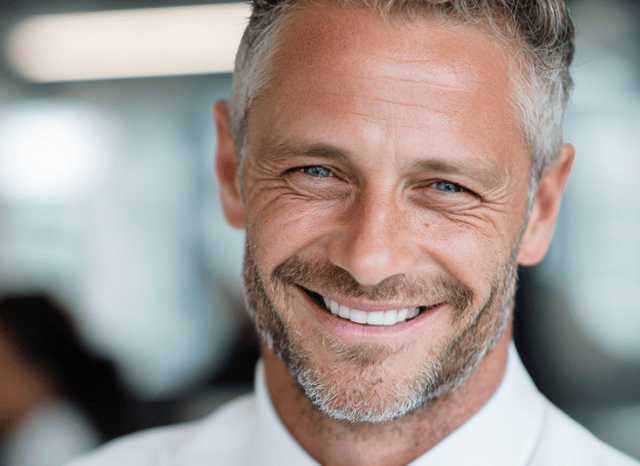 A 40 year old smiling professional man, looking at the camera