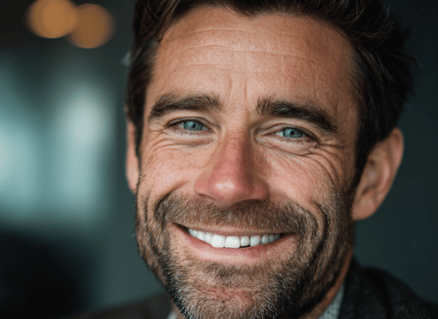 A smiling businessman is looking at the camera