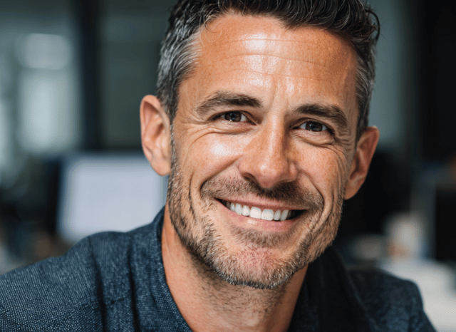 A professional man is smiling and looking at the camera