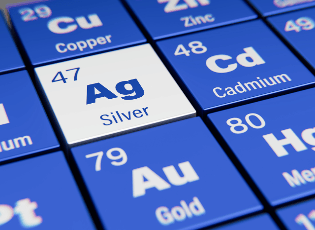 Silver element highlighted in the periodic table