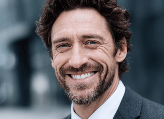 A 40 year old smiling man is looking at the camera