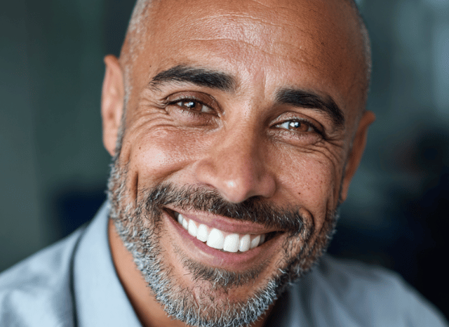 A 40 year old smiling professional man is smiling and looking at the camera