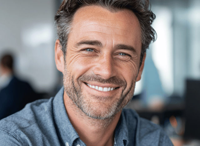 A confident man is looking at the camera