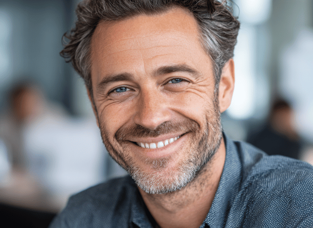 A confident man is smiling and looking at the camera