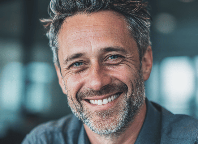 A smiling man is looking at the camera