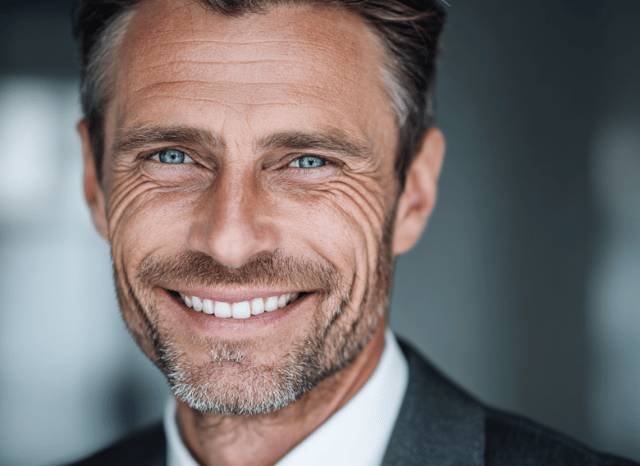 Confident man with blue eyes is smiling