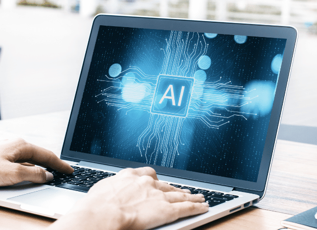 An human being is using a computer with artificial intelligence