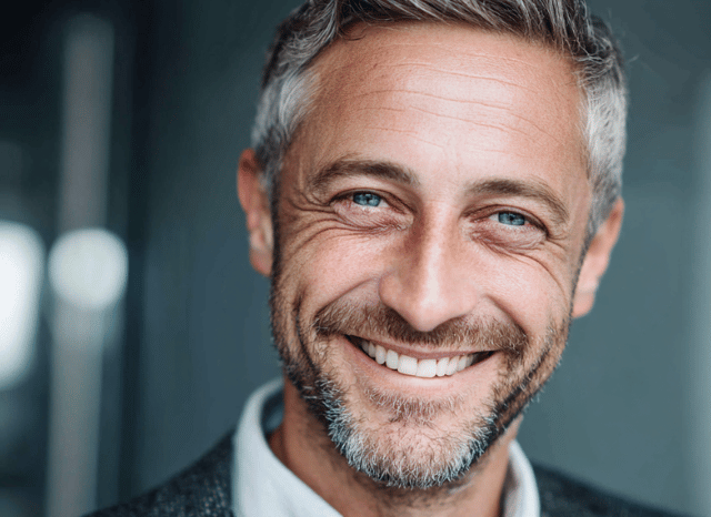 A confident man smiles and looks at the camera