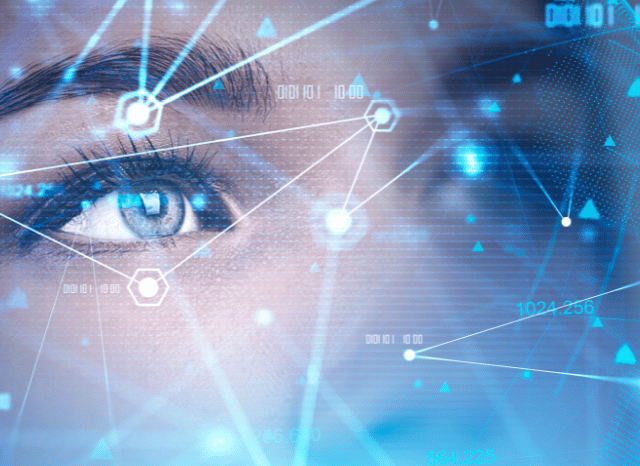 Close-up eyes representing human interaction with artificial intelligence