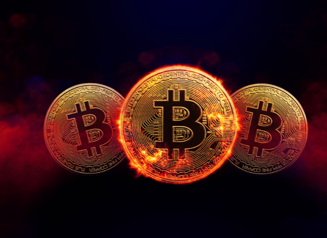 Red Bitcoin coins symbolizing market volatility