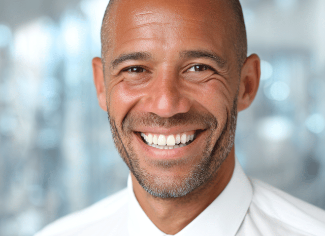 A smiling face looks at the camera